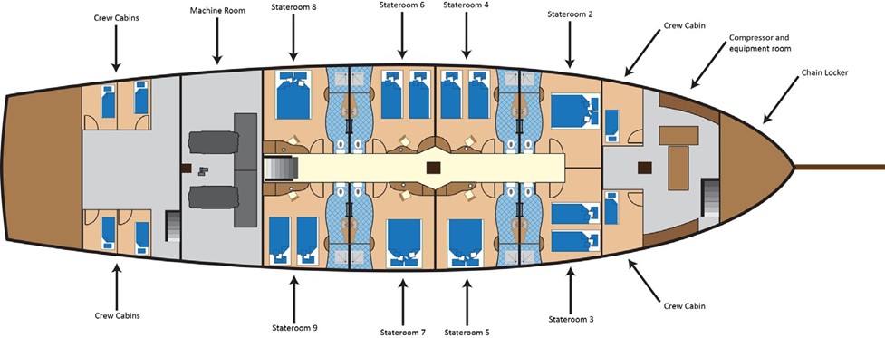Dewi Nusantara: lower deck layout and guest cabin distribution Dewi Nusantara's lower deck layout