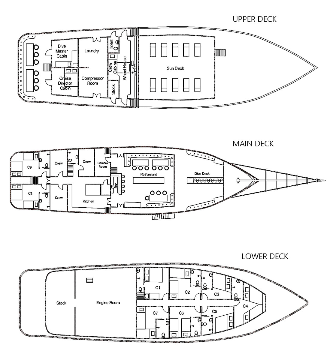 Dune Aurora Liveaboard decks and cabins layout Deck plan of Dune Aurora