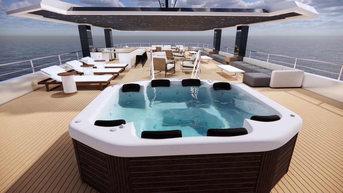 King Neptune's bar and jacuzzi outdoors Sundeck with bar and jacuzzi of King Neptune liveaboard