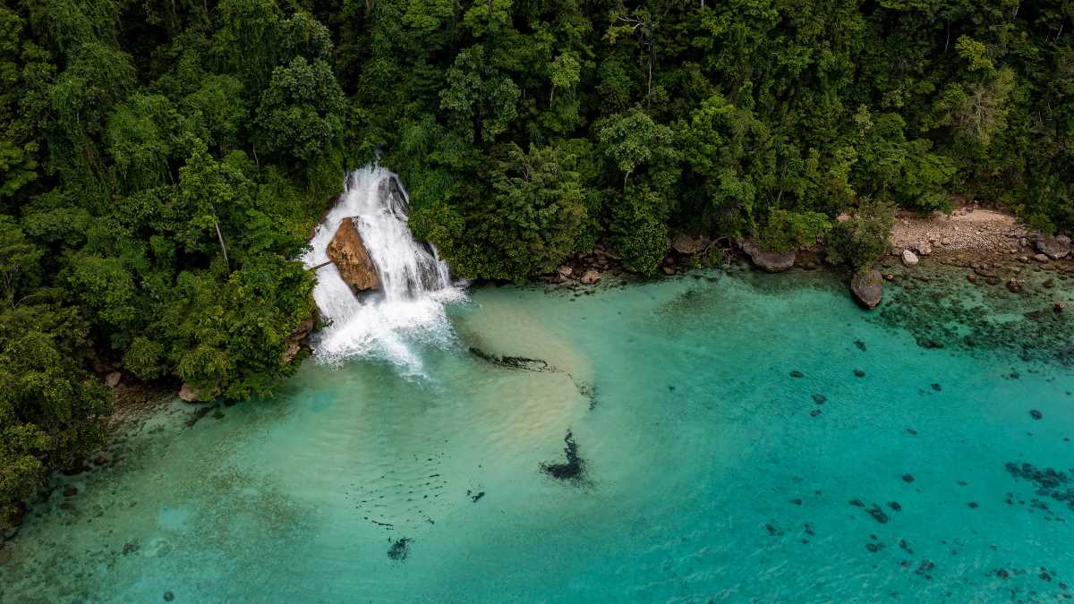 Kaimana waterfalls flow directly into the ocean Stunning Kaimana waterfalls flowing into the sea