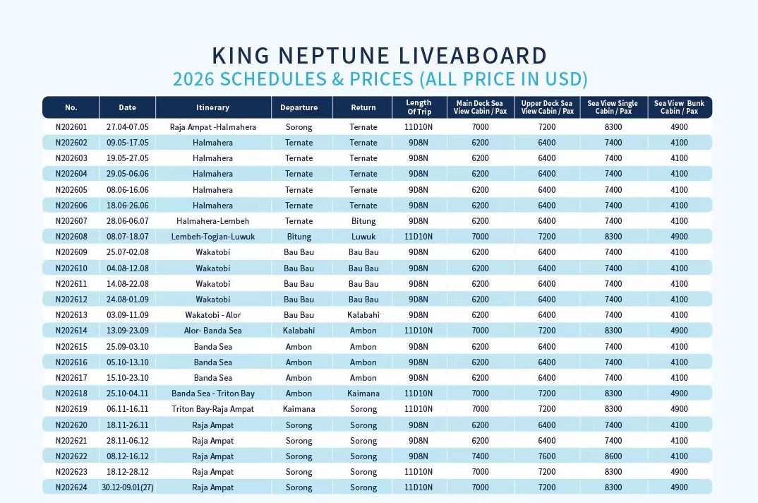 King Neptune Liveaboard 2026 departures and prices